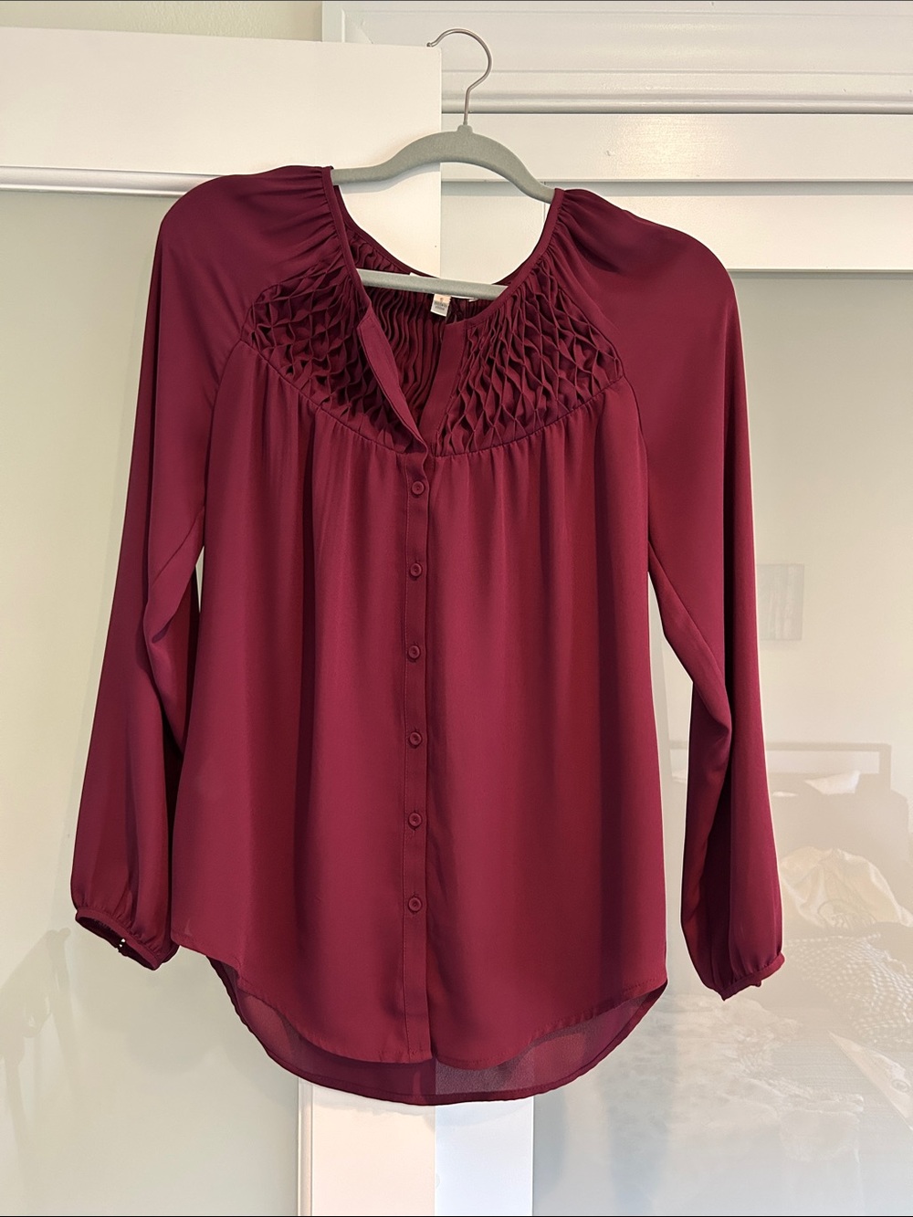 Women's Burgundy Pintuck Yoke Button-Front Blouse